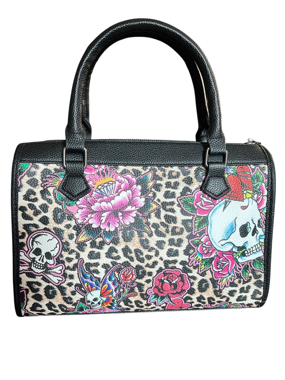 Ed Hardy Black Leopard Print Floral Skull Satchel - Black - Picture 3 of 10